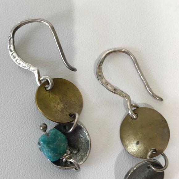 Signed Silpada Sterling Silver Brass Drop Disk Brutalist Turquoise Earrings 925 - Picture 14 of 14